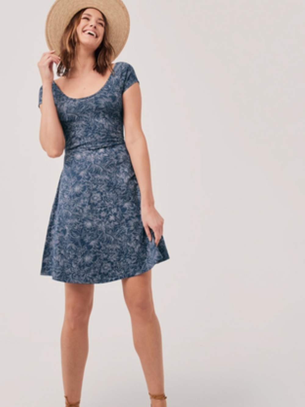 Pact Blue Floral Scoop Neck Mini Dress